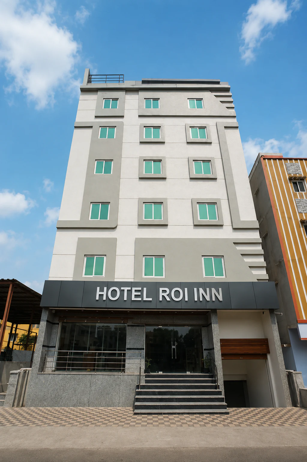 Front view of HOTEL ROI INN beside Srinivasam in Tirupati