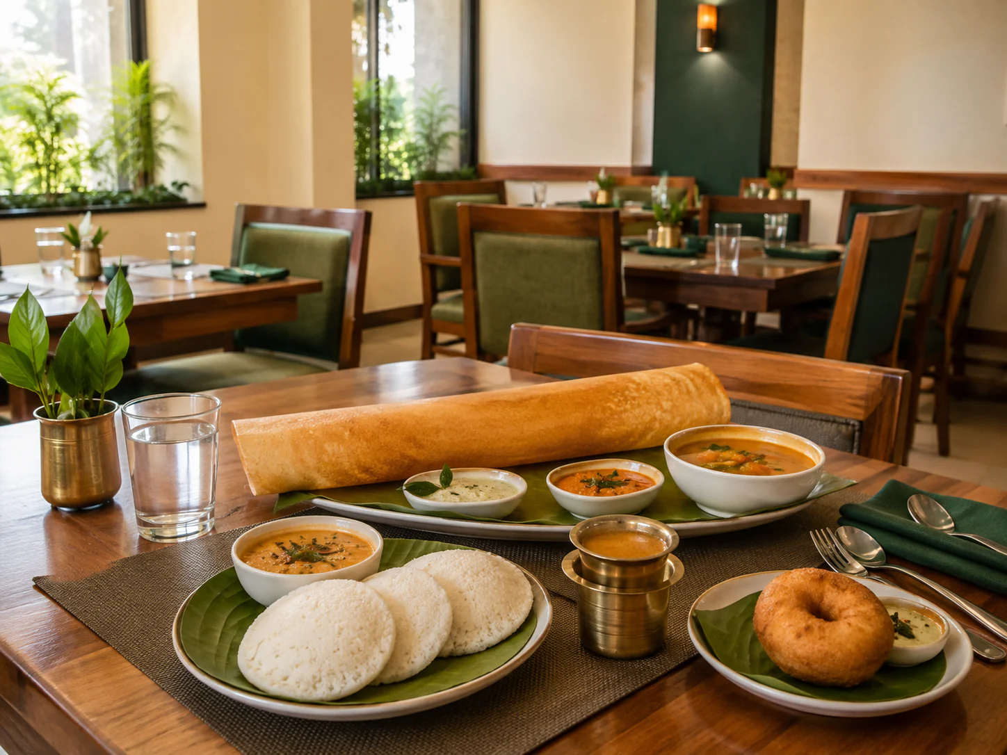 South Indian breakfast served in a comfortable hotel restaurant